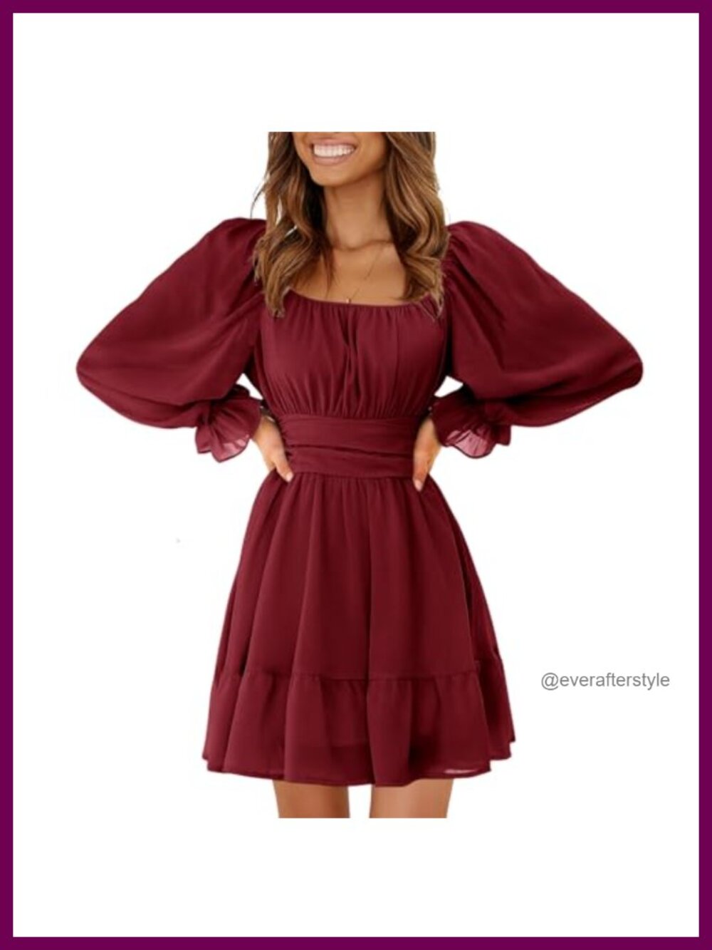 Womens Casual Long Lantern Sleeve Square Neck Ruffle Tie Back Aline Mini Dress